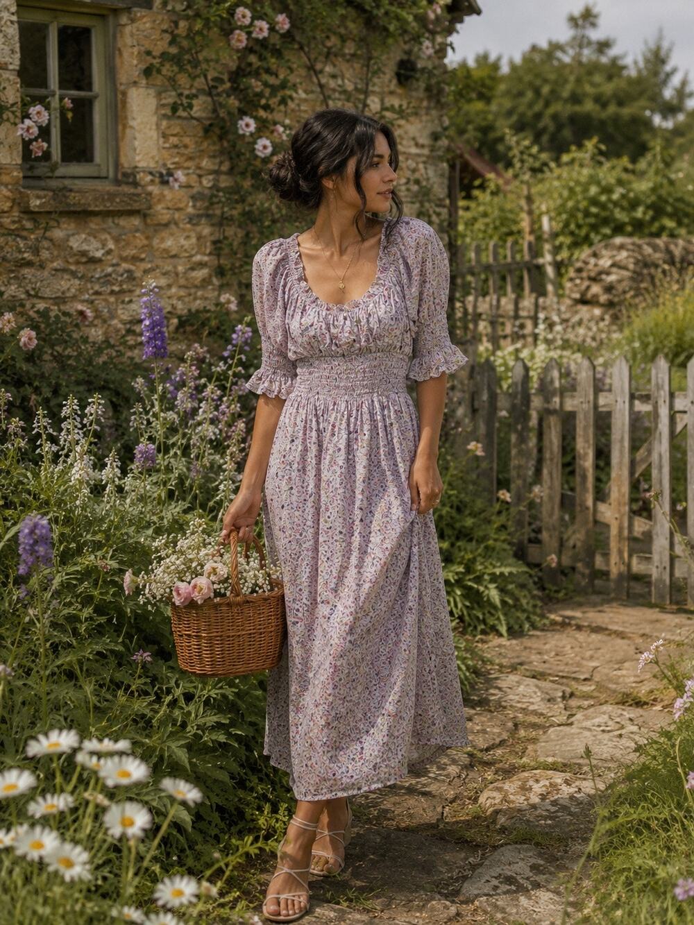 Tuckernuck Hyacinth House Purple Floral Smocked Ruffle Maxi Dress Size XS